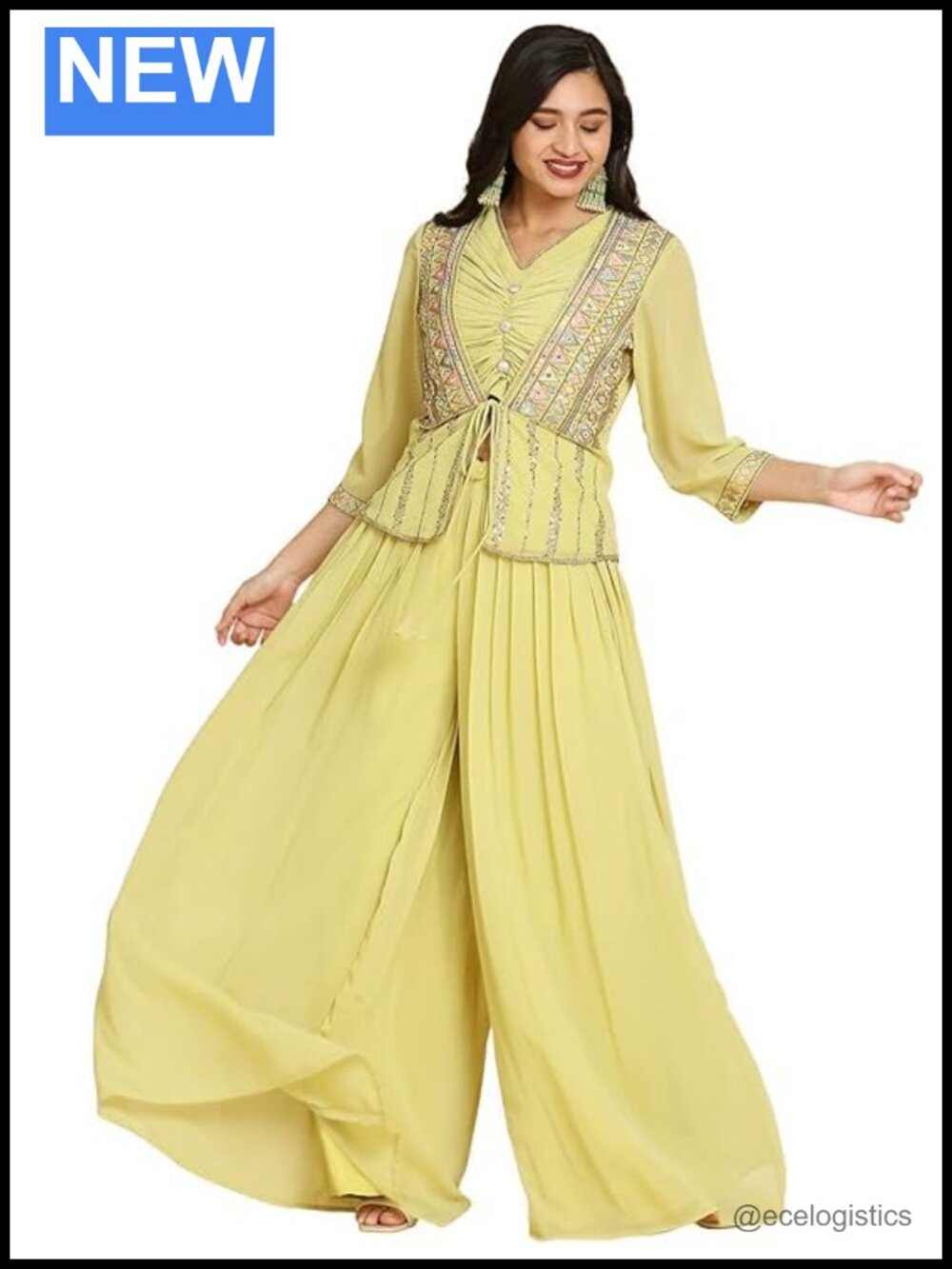 Women's Georgette Embroidery Crop Top Palazzo Jacket Set
